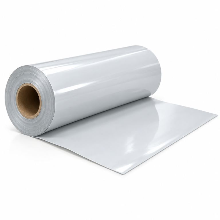 رول ژئوممبران PVC سفید براق روی پس‌زمینه سفید